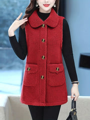 Solid Button Vest Warm Lapel Pocket for Women