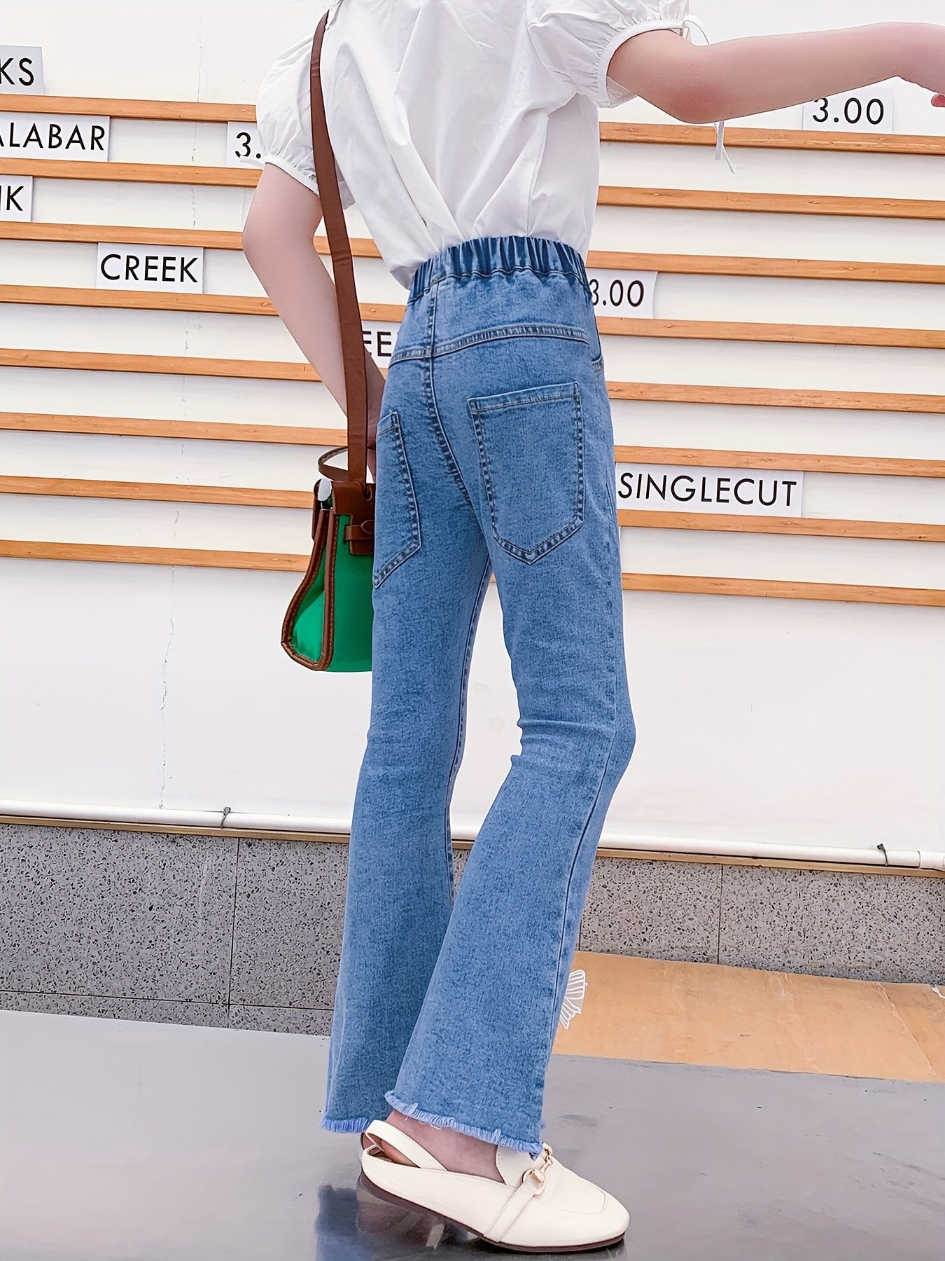Girls Flared Denim Pants with Lace Trim for Kids