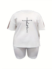 Letter & Plaid Print Tee & Shorts Set