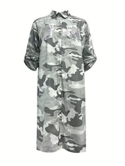 Camo Print Shirt Dress Long Sleeve Button Front Collar Dress