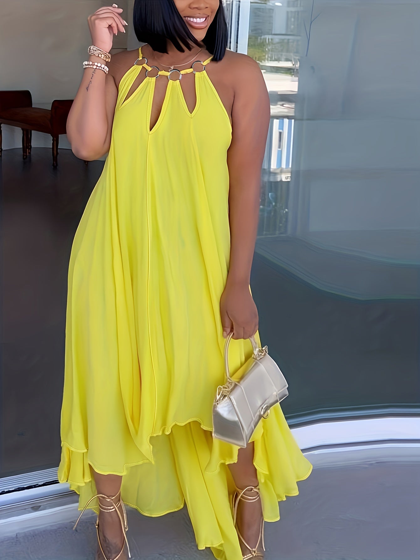 Sexy Plus Solid Halter Dress Asymmetric Trim M