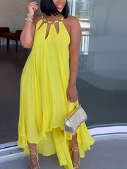 Sexy Plus Solid Halter Dress Asymmetric Trim M