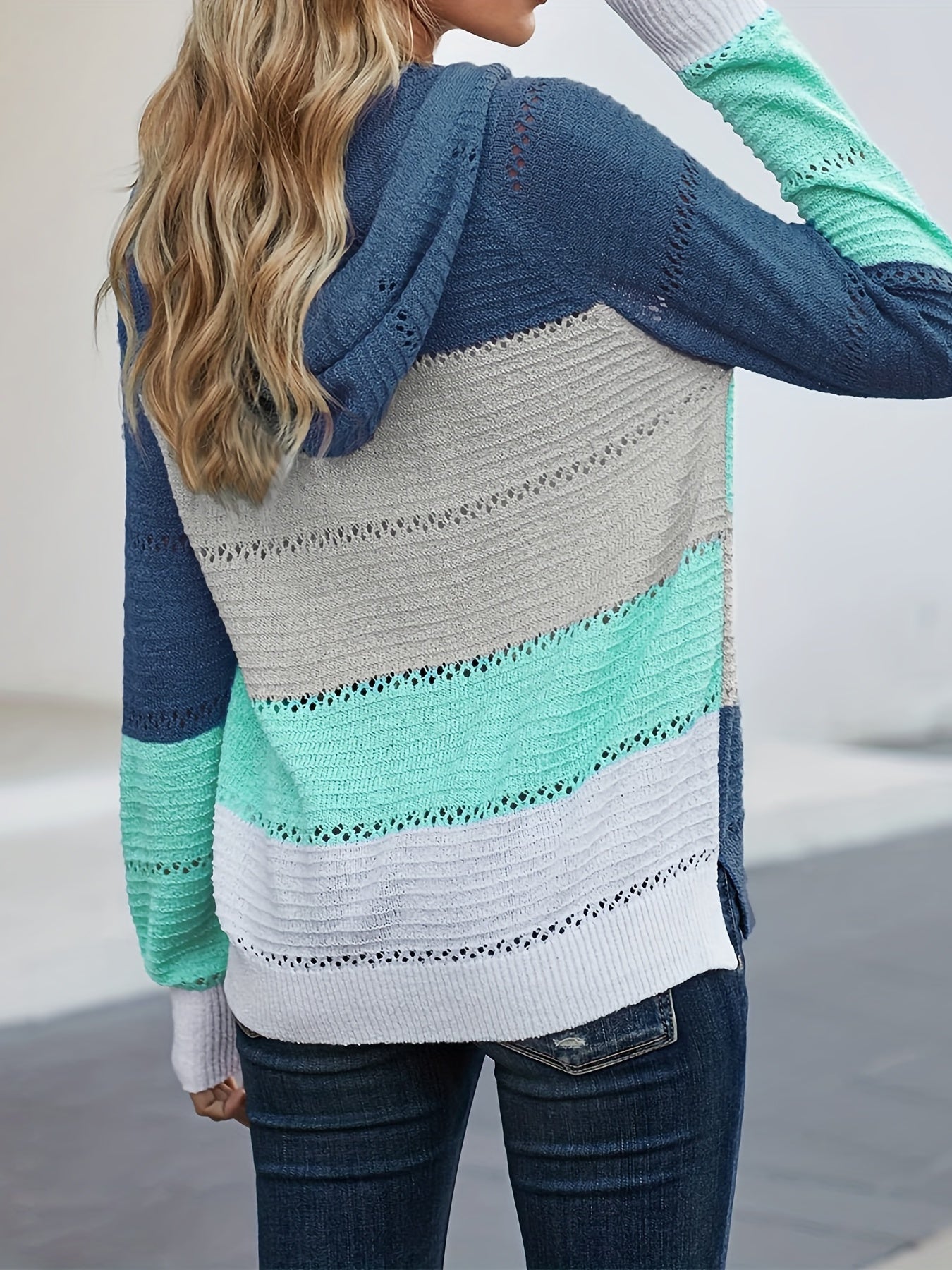 Zip Up Knit Cardigan Hollow Hooded Sweater