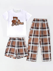 Girls Bear Graphic Pajamas Set, Crew Neck T-Shirt & Plaid Shorts