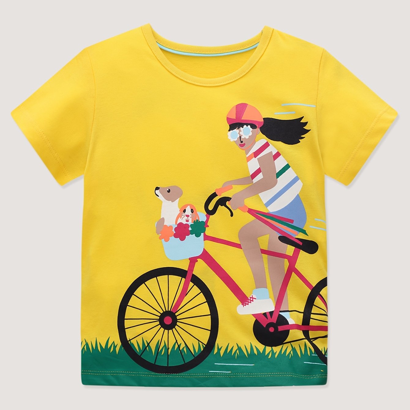 100% Cotton Cartoon Bicycle Girl Print Tee