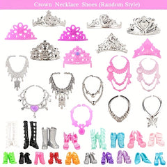 32pcs Doll Fashionista Outfit Set with Clothes Shoes Crown Necklace Jewelry