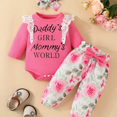 Baby Girls Letter Triangle Bodysuit Floral Bow 3pcs Set