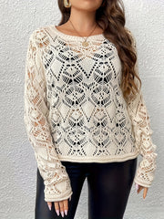 Sexy Knit Top Solid Pointelle Long Sleeve Round Neck