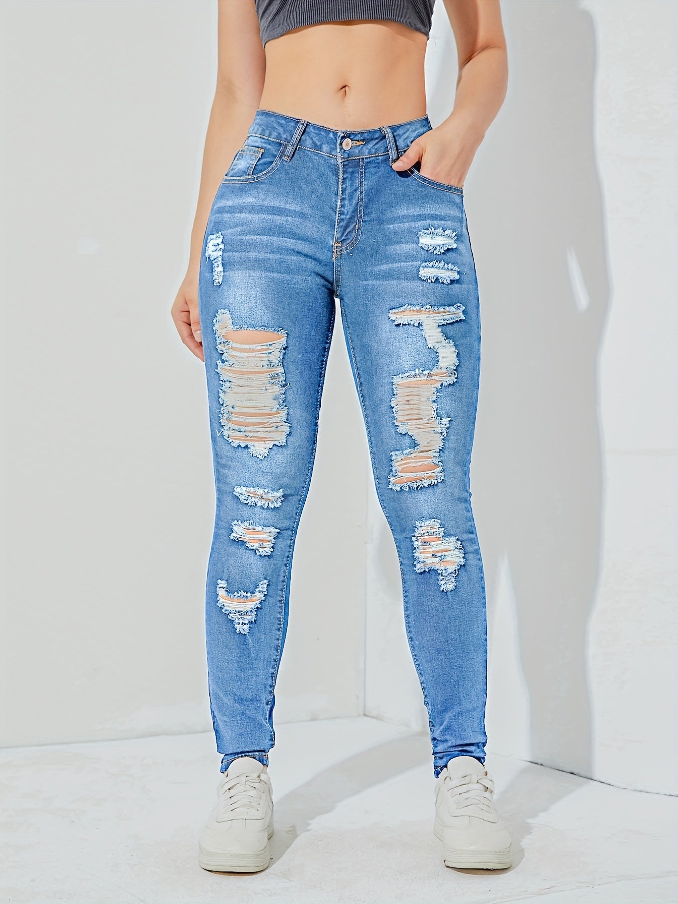 Ripped Skinny Jeans Slash Pockets Distressed High Rise Denim Pants