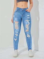 Ripped Skinny Jeans Slash Pockets Distressed High Rise Denim Pants