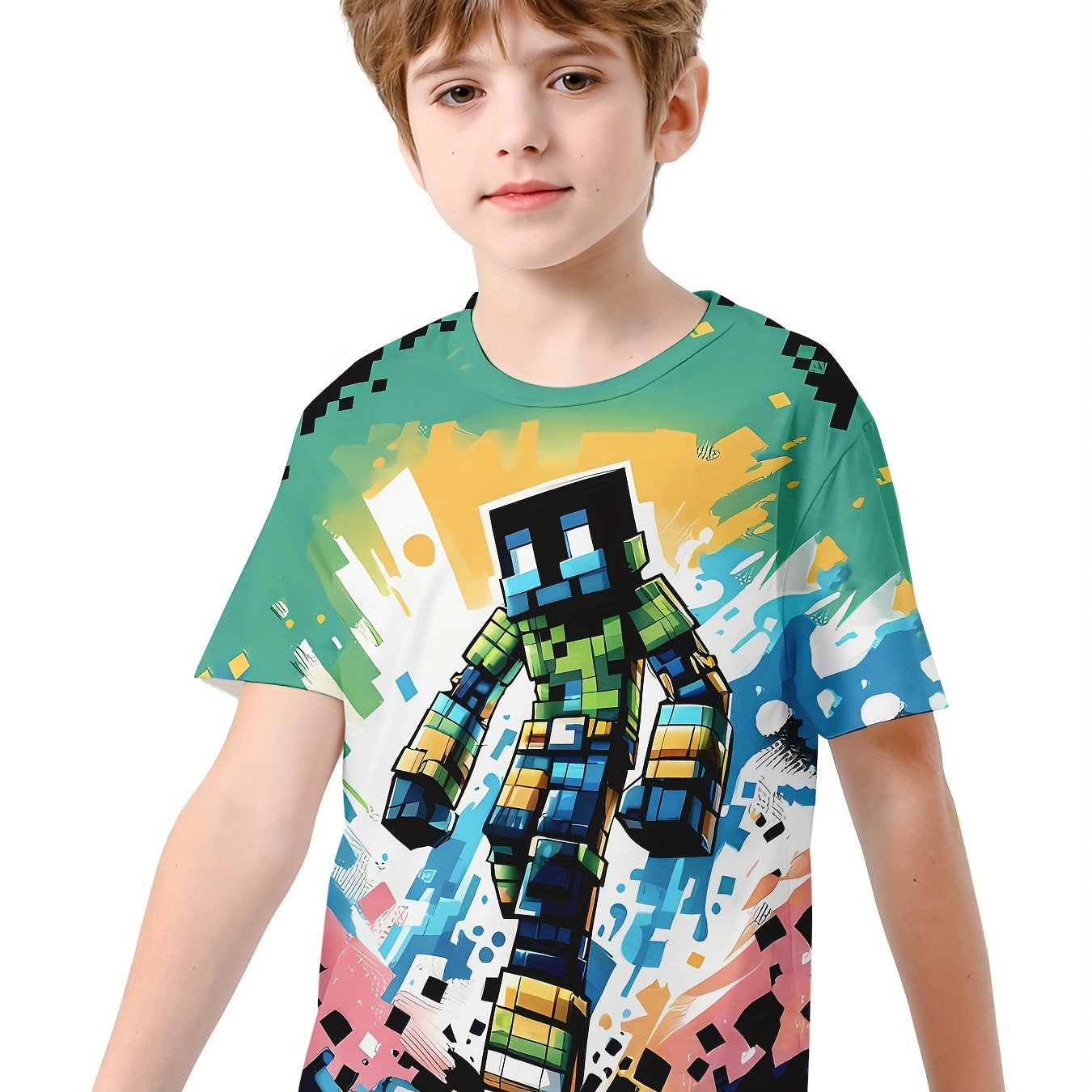 Building Block Man 3D Print Boy's Casual Tees Short Sleeve Crew Neck