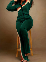 Striped Print Retro 2-Piece Set Zip-Up Jacket & Wide Leg Pants