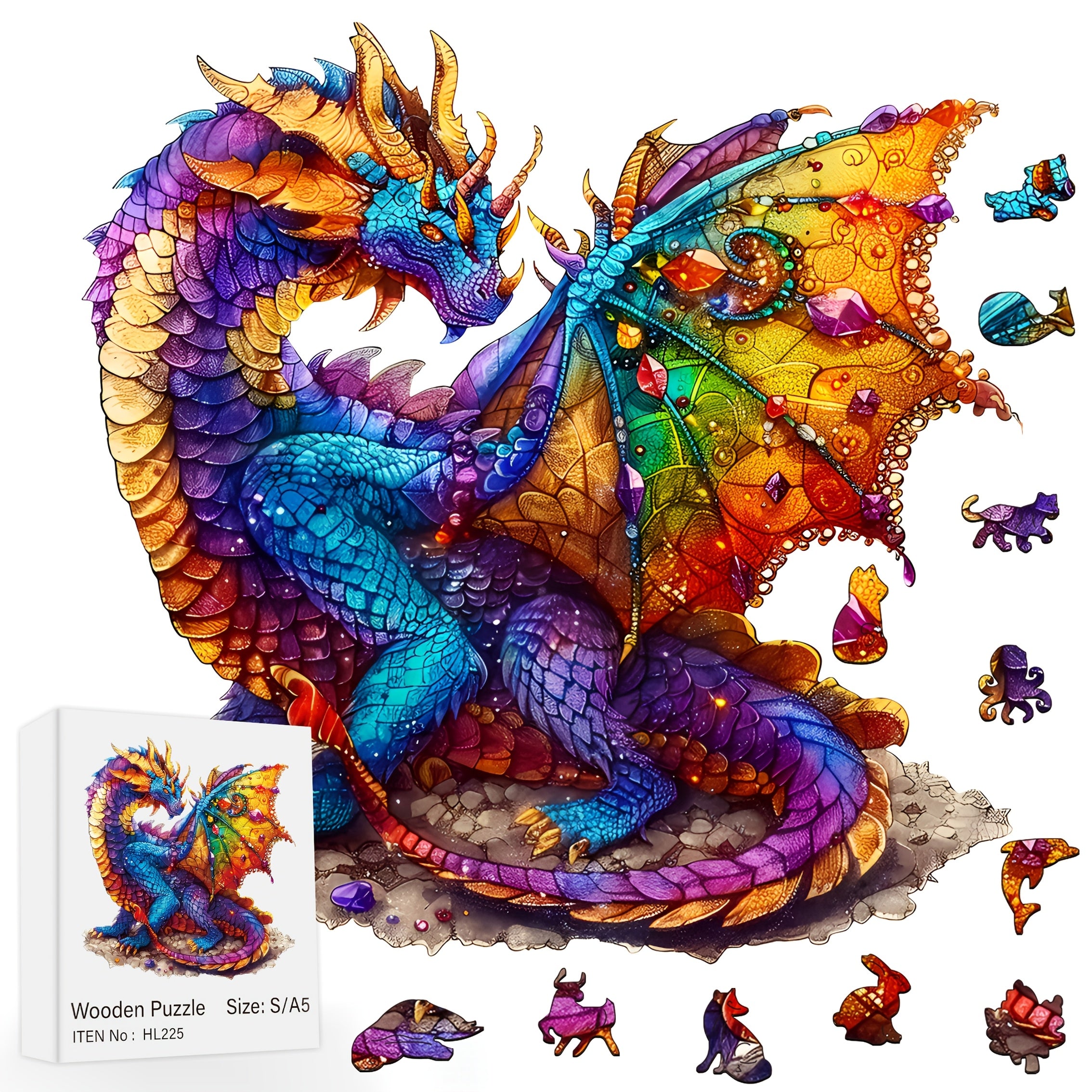 Gemstone Dragon Wooden Puzzle Irregular Animal Shape Jigsaw Game