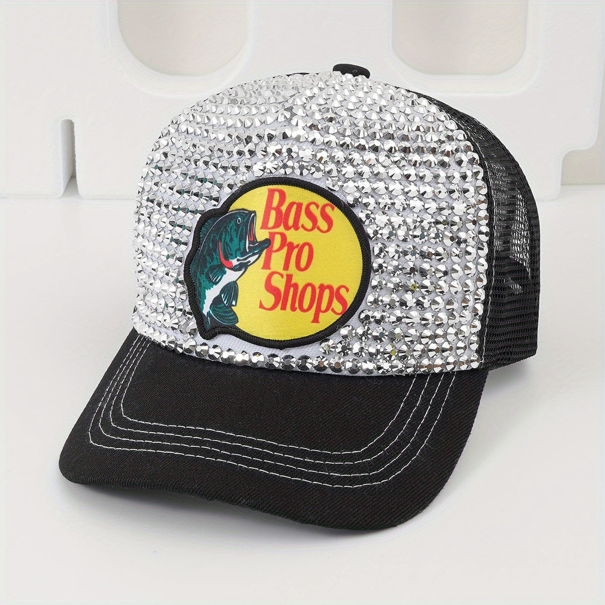Fish Printed Patch Baseball Cap Rhinestone Block Mesh Breathable Trucker Hat