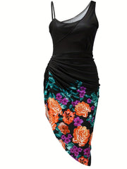 Vintage Floral Print Ruched Dress Cocktail Evening Dress
