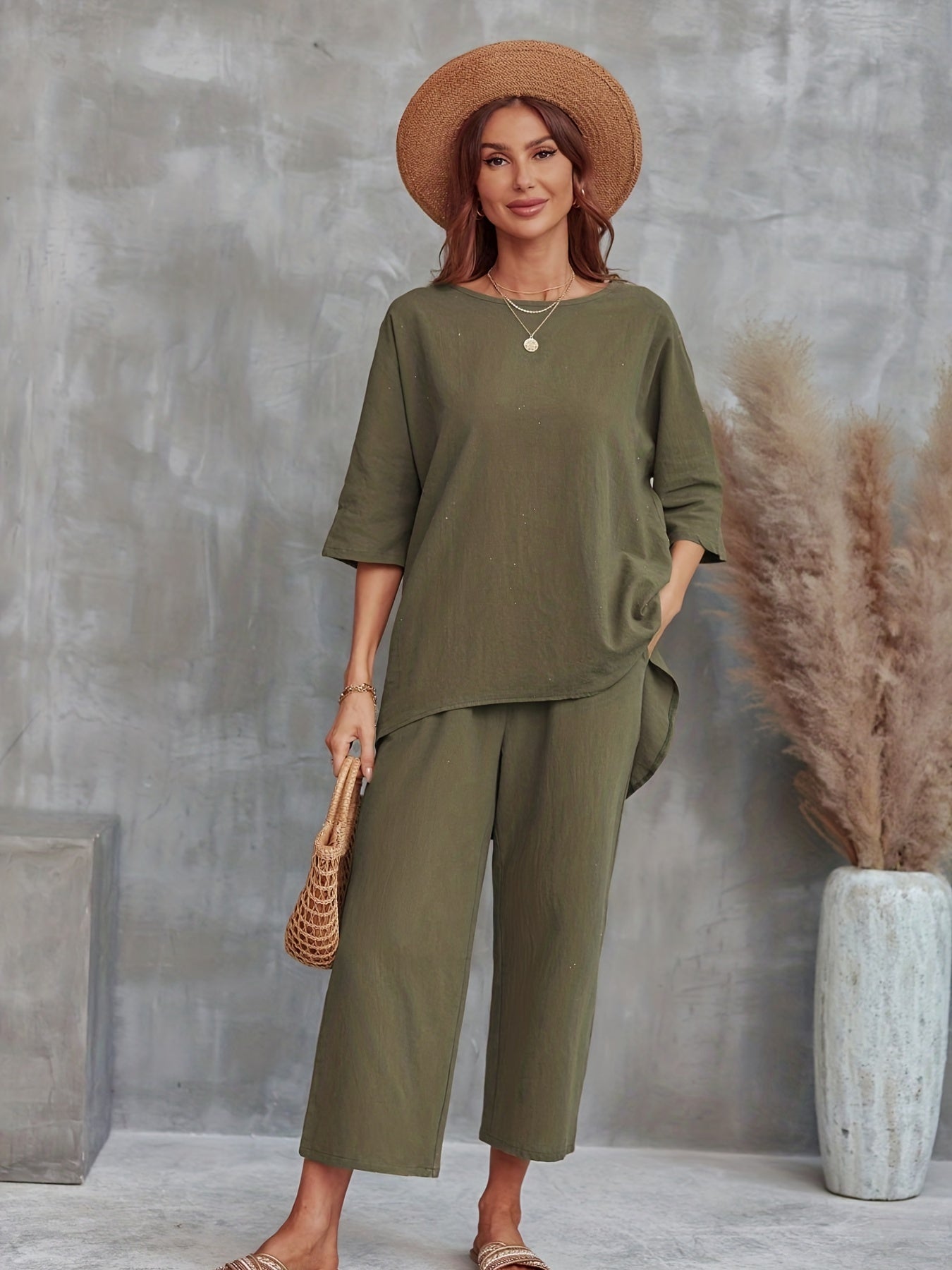Solid Est Crew Neck 3 4 Sleeve Tops & Wide Leg Pants Outfit Women's Clothing