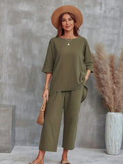 Solid Est Crew Neck 3 4 Sleeve Tops & Wide Leg Pants Outfit Women's Clothing