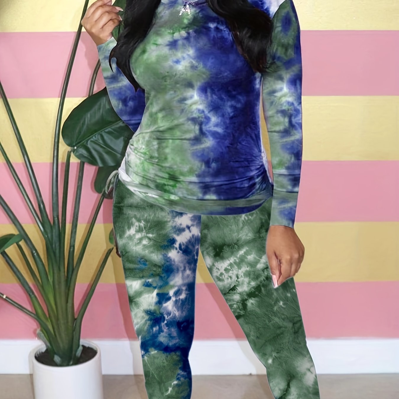 Women's Plus Tie Dye Ruched Long Sleeve Top & Leggings Set
