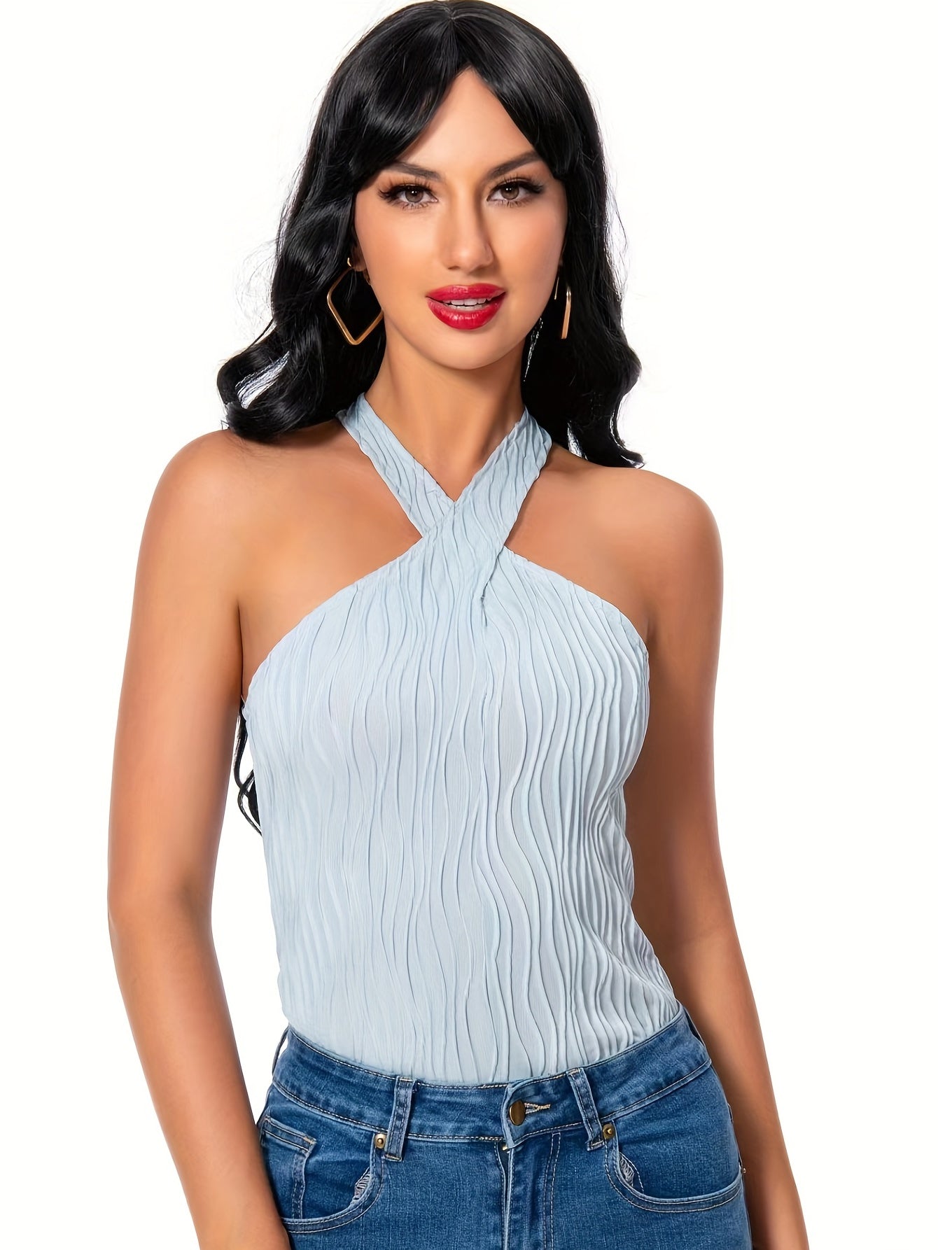 Ripple Slim Halter Top Sleeveless Summer Keyhole Sexy