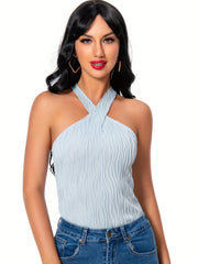 Ripple Slim Halter Top Sleeveless Summer Keyhole Sexy