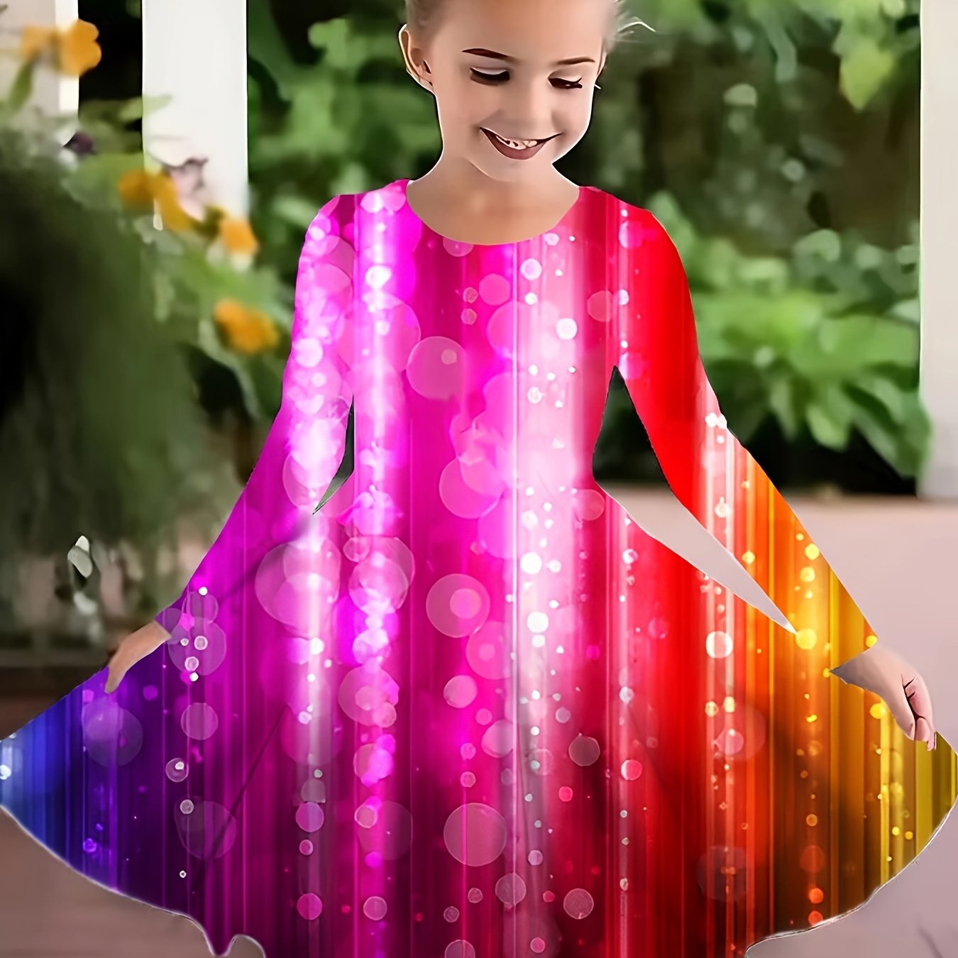 Girls Rainbow Graphic Long Sleeve Dress Spring Fall Party Gift
