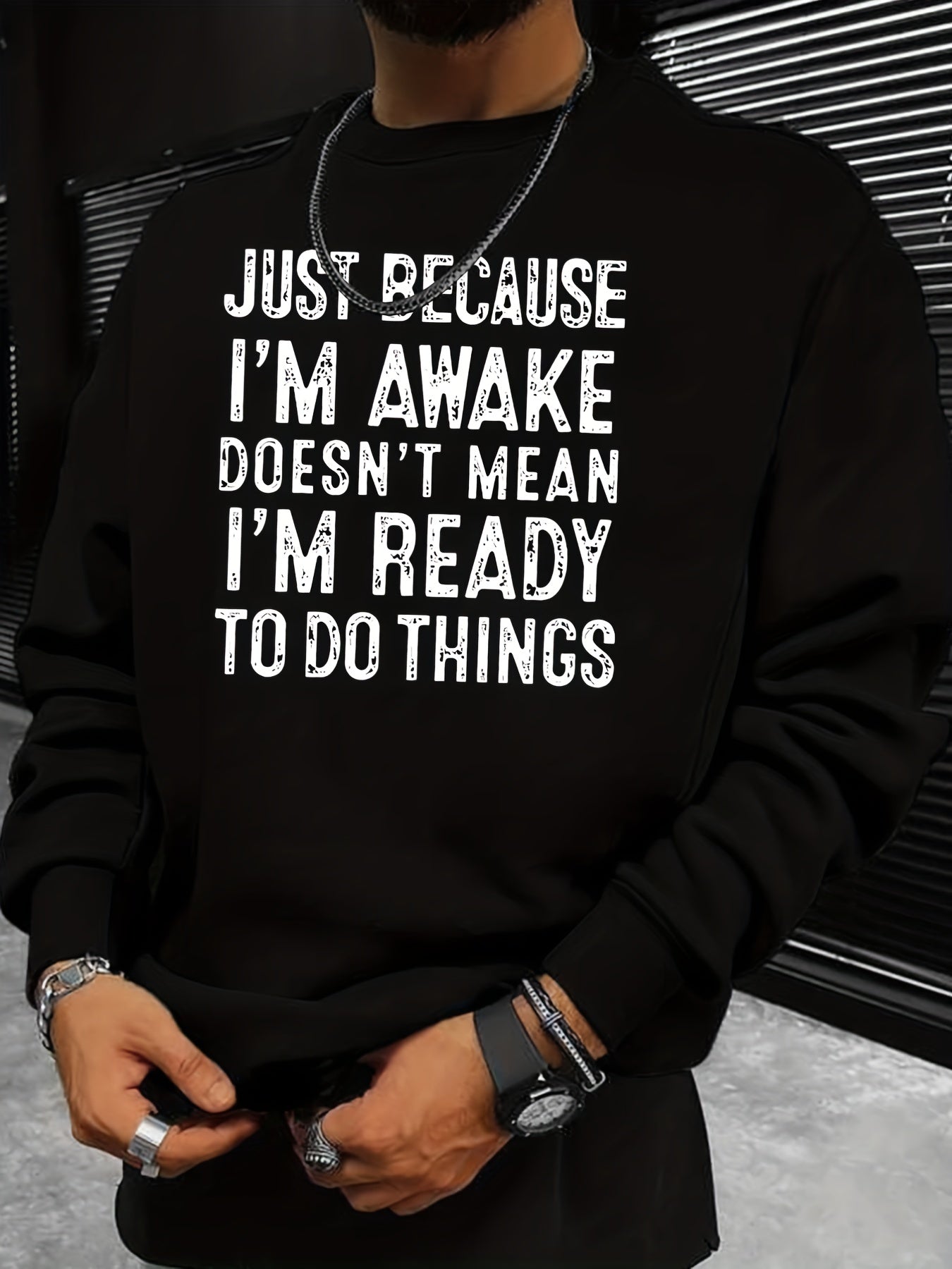 Funny Slogan Print Sweatshirt Men's Casual Graphic Crew Neck Pullover Sweatshirt
