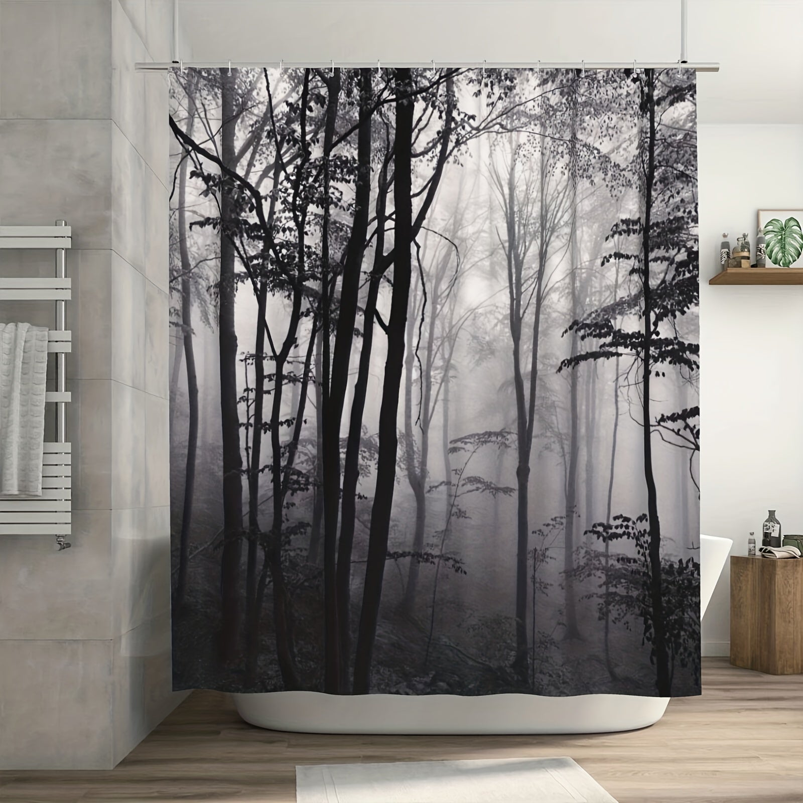 Forest Theme Shower Curtain & Wood with Foggy Pattern Waterproof Fabric