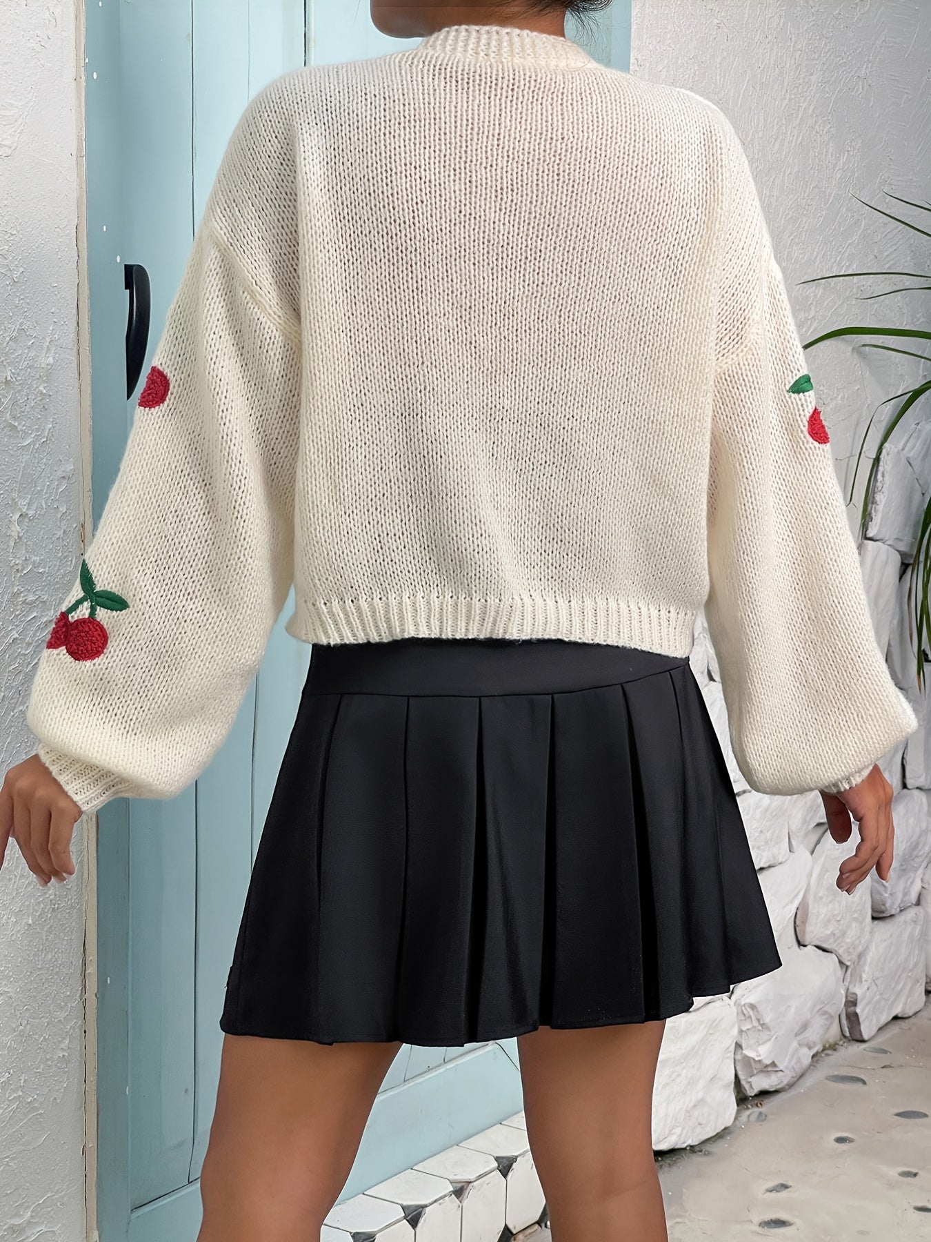 Y2K Cherry Embroidered Knit Cardigan Open Front Long Sleeve Sweater