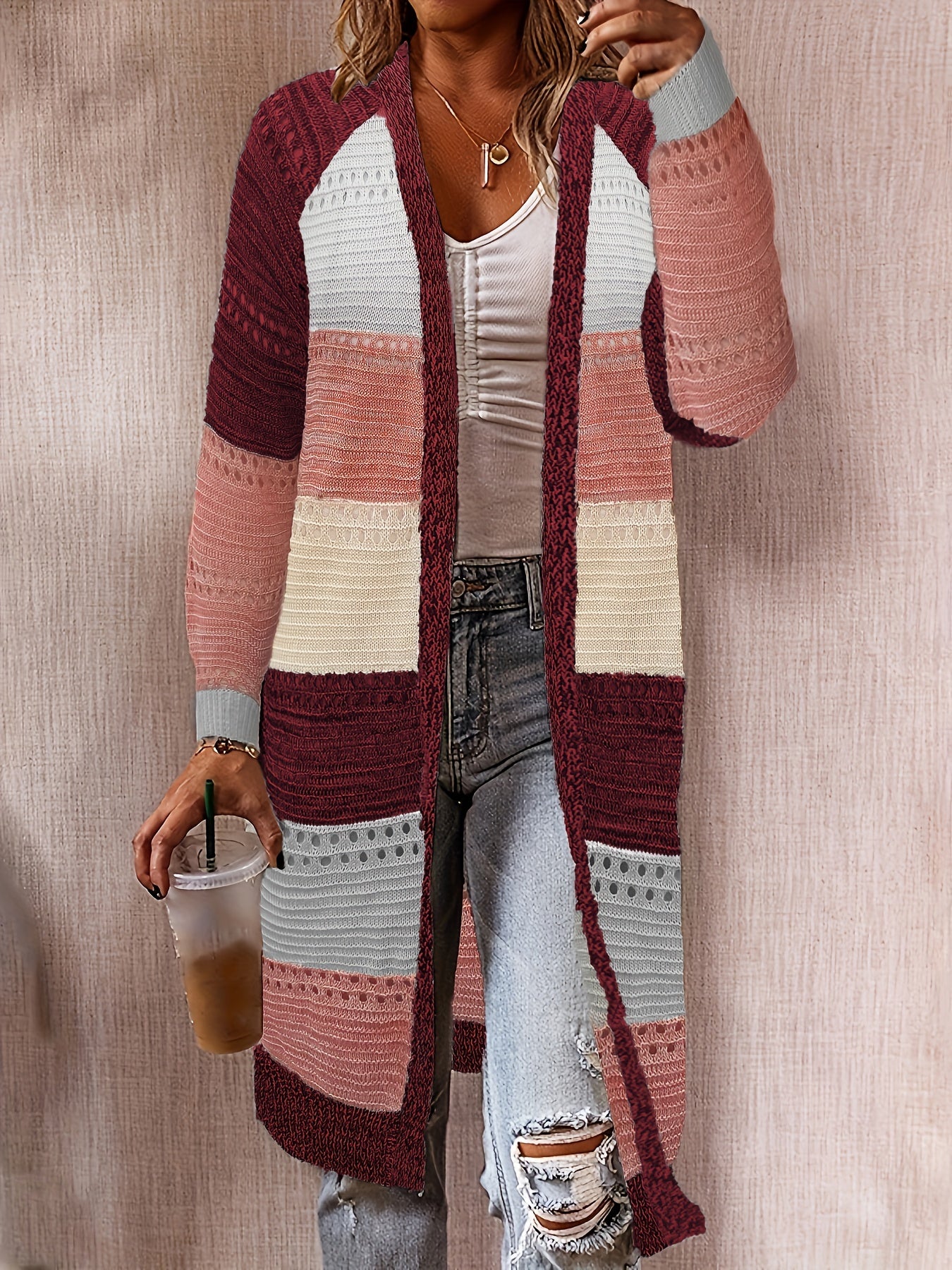 Colorblock Hollow Out Open Front Cardigan