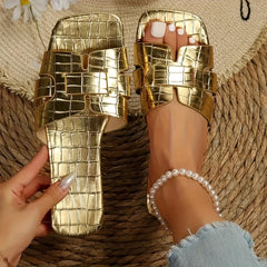 Women's Golden Flat Slide Sandals Crocodile Pattern Summer Shoes Lightweight