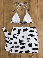 Cow Print Halter Tie Neck Bikini & Wrap Cover Up Set