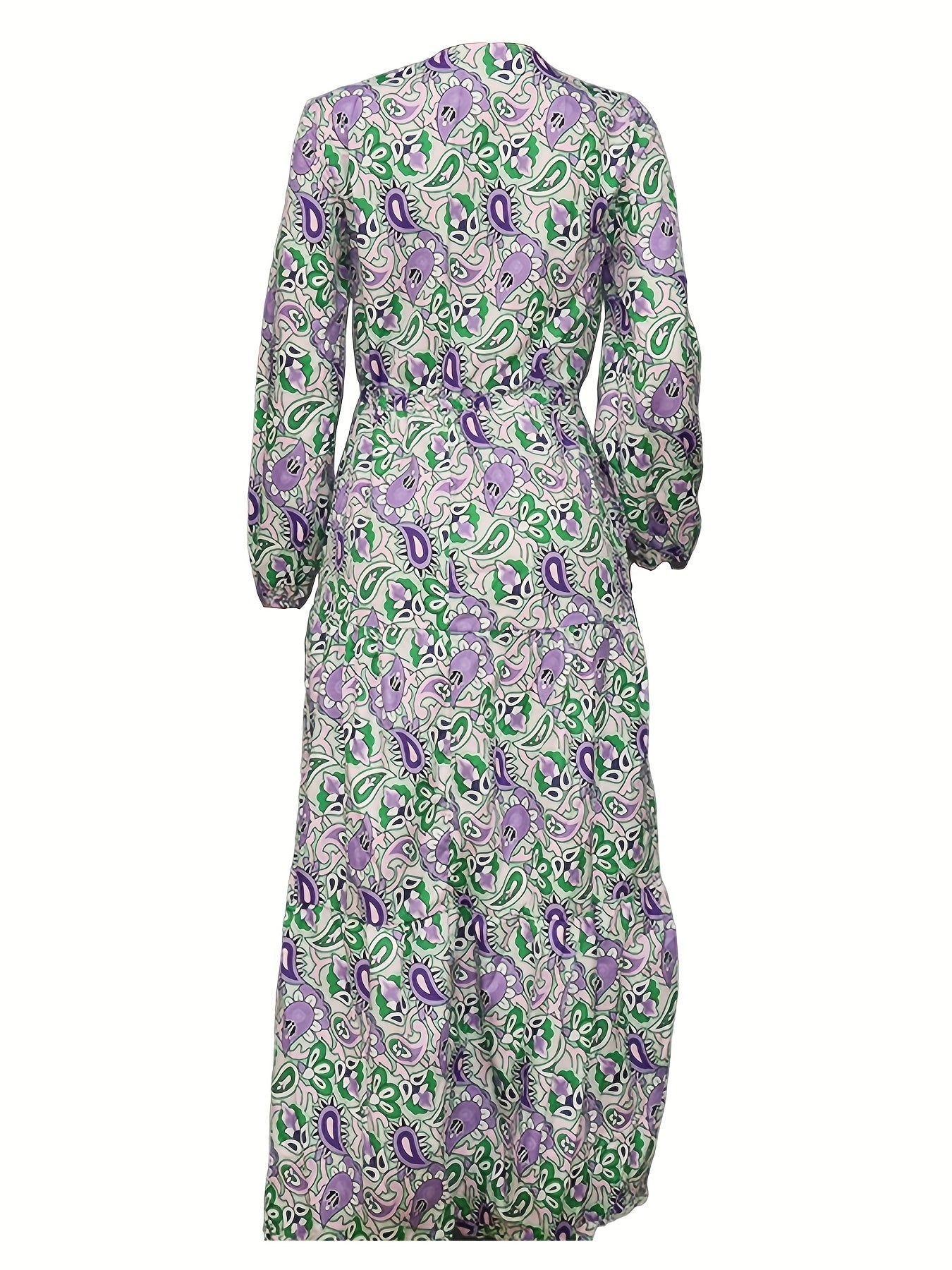 Paisley Print V Neck Dress Boho Long Sleeve High Waist Pleated Maxi Dress