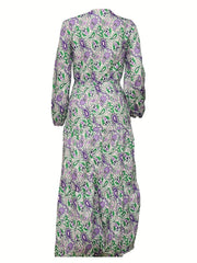 Paisley Print V Neck Dress Boho Long Sleeve High Waist Pleated Maxi Dress