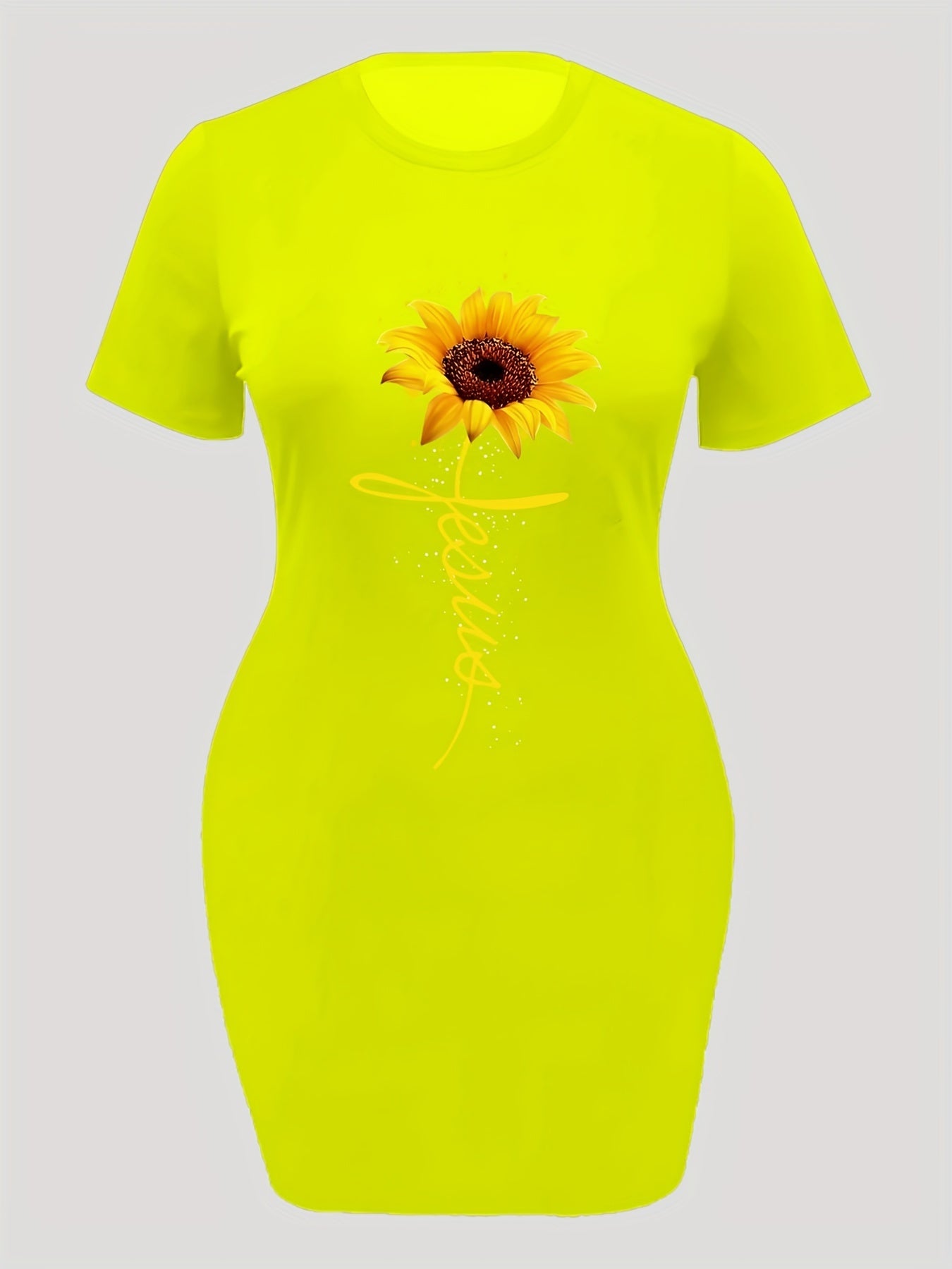 Women's Plus Sunflower & Letter Print Short Sleeve Round Neck Dress