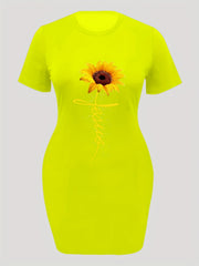 Women's Plus Sunflower & Letter Print Short Sleeve Round Neck Dress