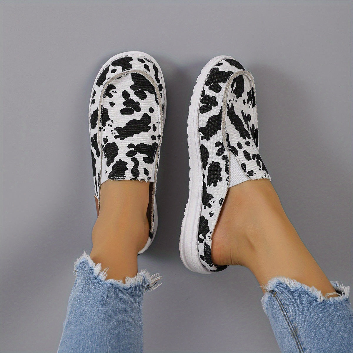 Women's Cow Print Mule Sneakers Slip On Canvas Shoes Lightweight