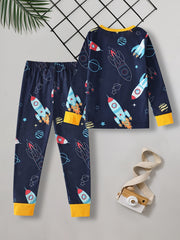 Boys 2pcs Lounge Wear Rocket Print Top & Trousers Pajamas Set