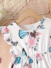 Girls Butterfly Ruffle Sleeve Cotton Dress For Party Beach Holiday