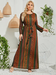 Boho Dress Paisley Print Long Sleeve Round Neck Maxi Dress