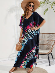 Tie Dye Batwing Sleeve V Neck Maxi Split Cover Up Dress