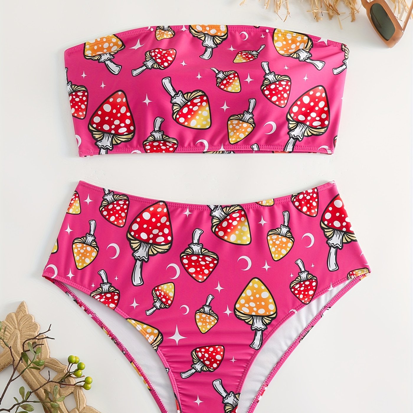 Mushroom Print Bikini Set Strapless Tube Bra & High Waisted Panty Swim