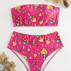 Mushroom Print Bikini Set Strapless Tube Bra & High Waisted Panty Swim