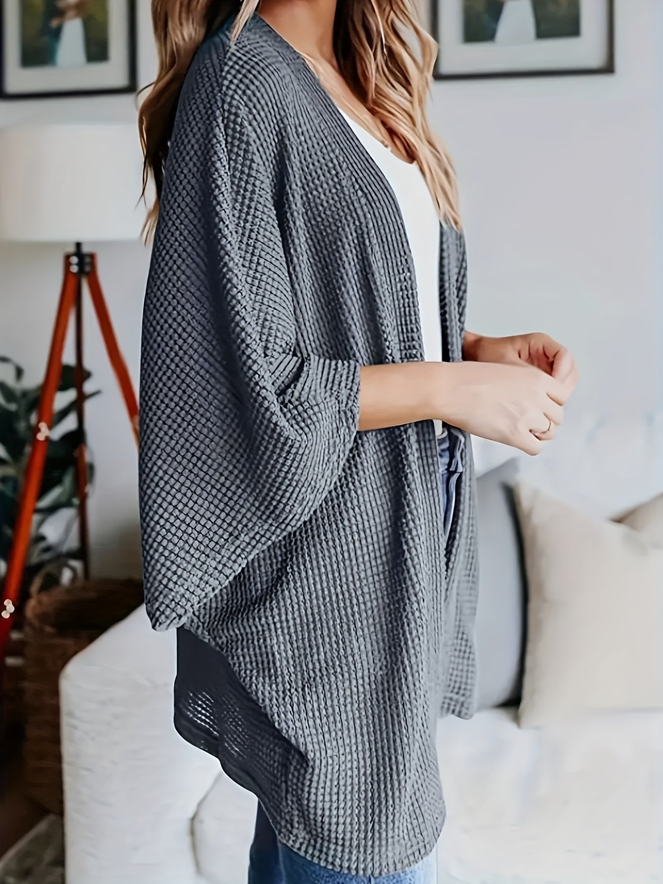 Solid Waffle Batwing Sleeve Open Front Cardigan