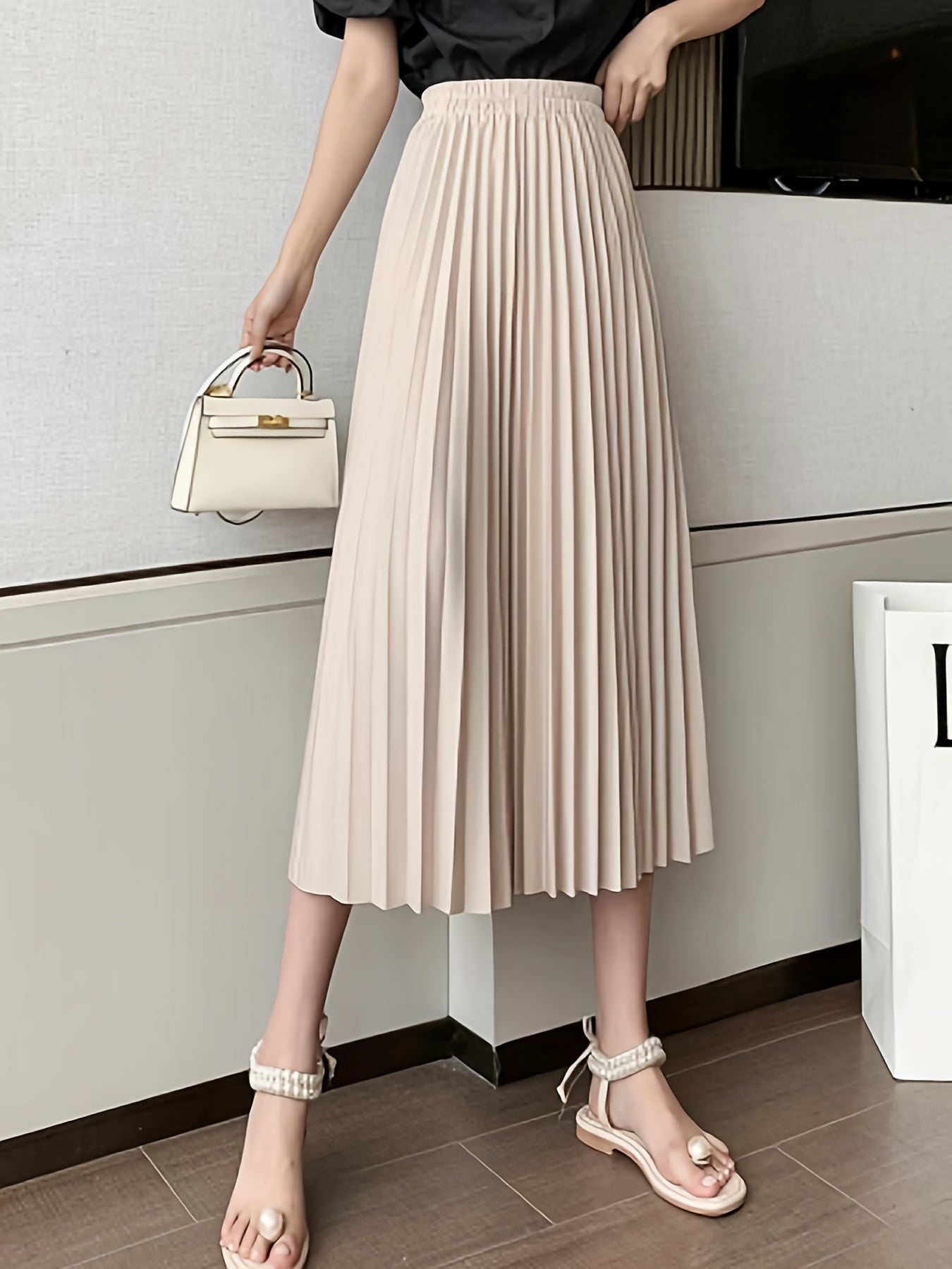 High Waist Pleated Skirt Solid A Line Skirt Women's Clothing
