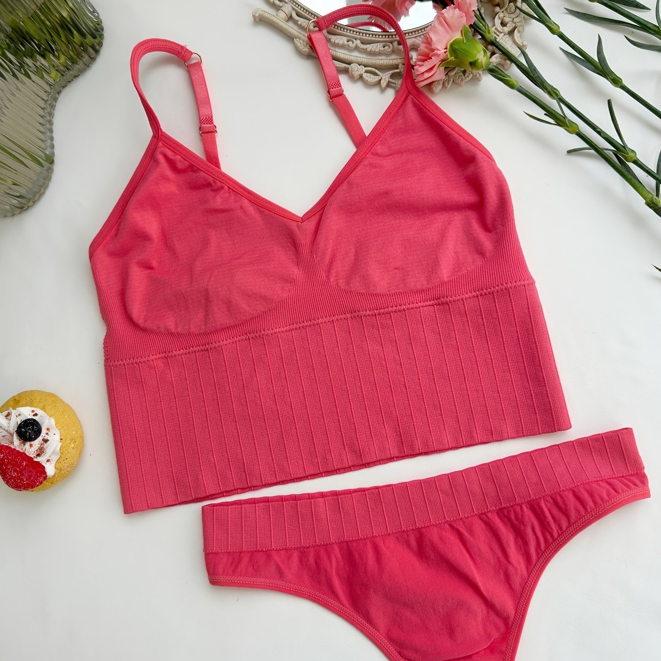 Solid Bra & Panties Soft Wireless Bralette & Thong Panties Set