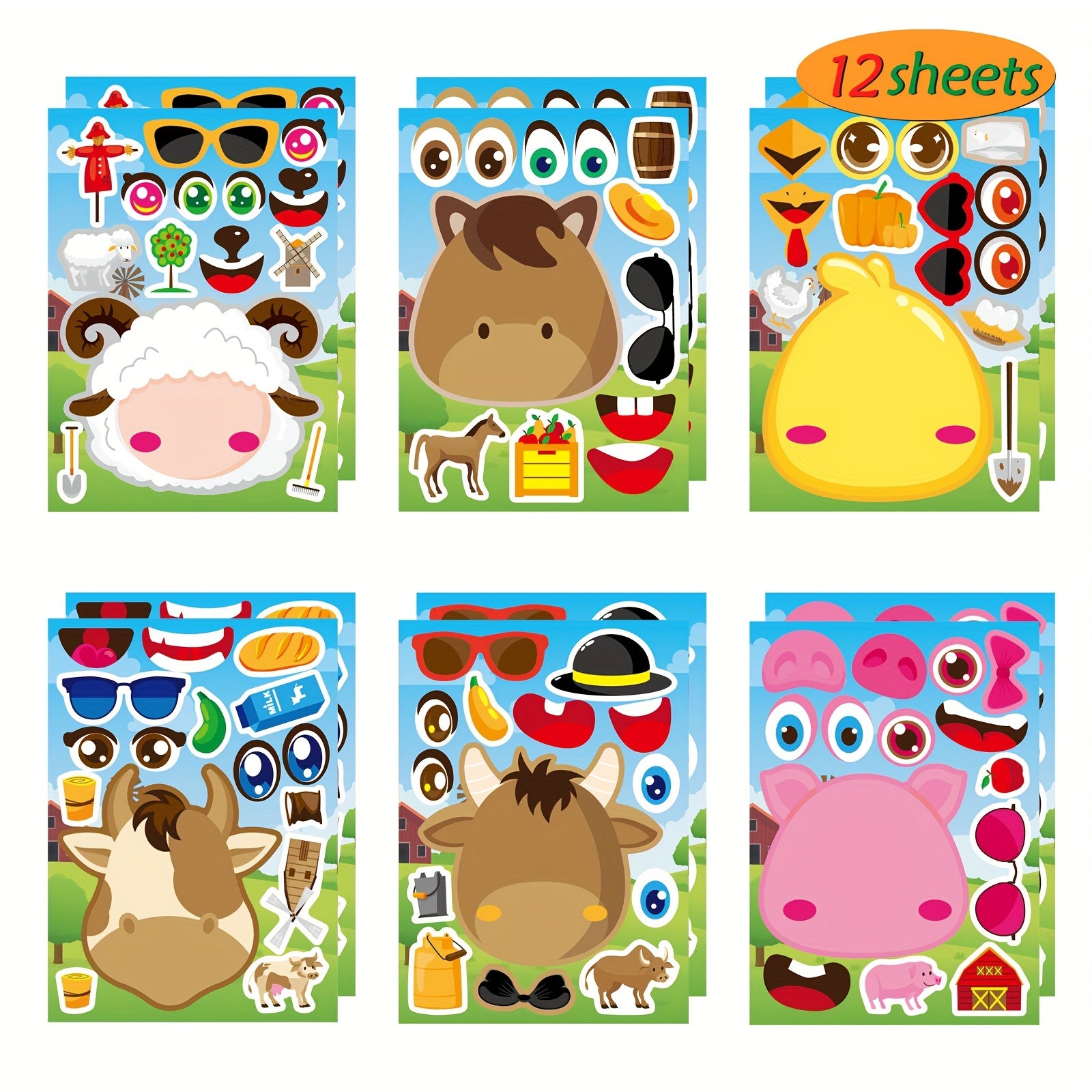 12pcs Farm Animals Make A Face Stickers DIY Craft Fantasy Animals Party Supplies