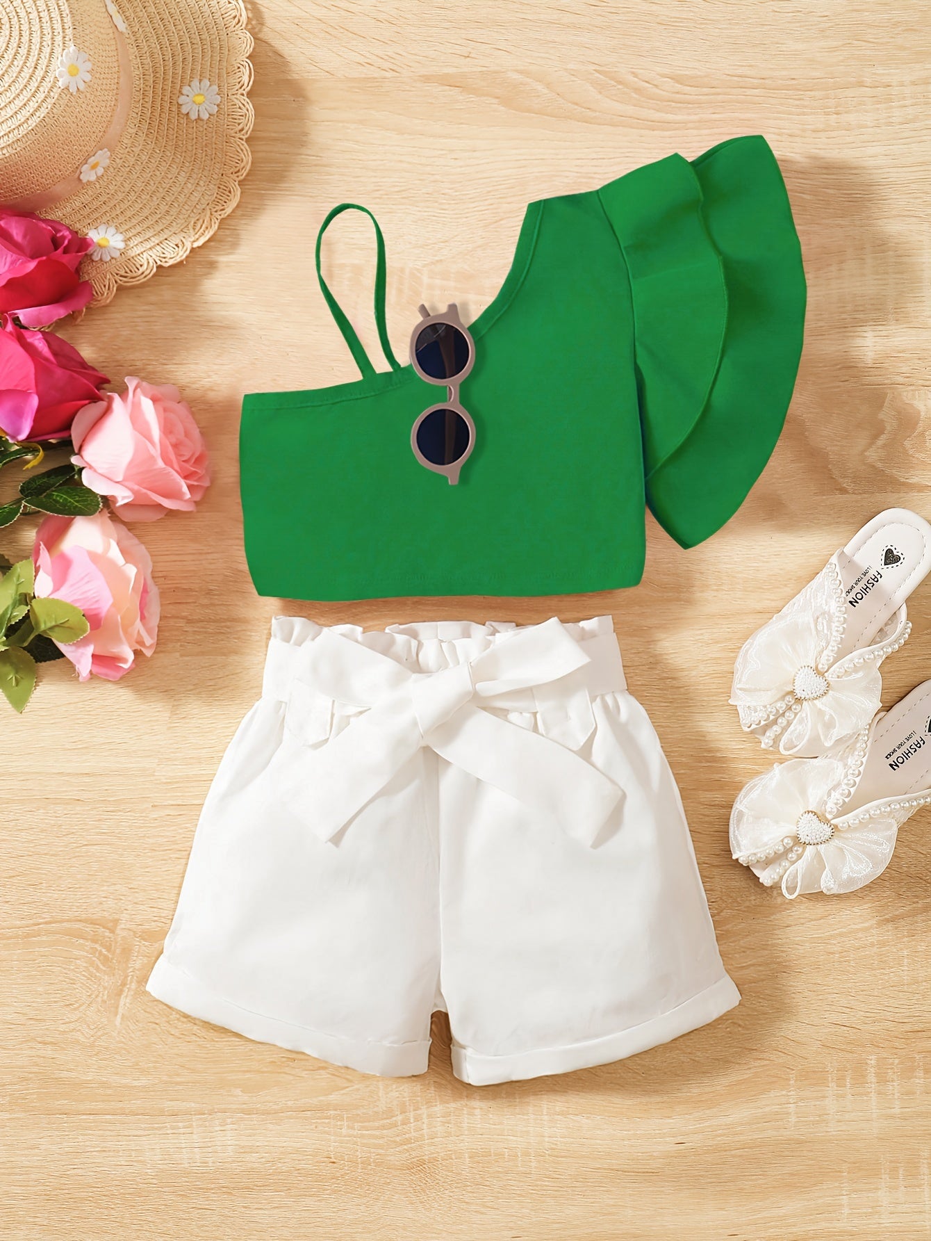 Girls Ruffled One Shoulder Top & Shorts Set for Holiday Party