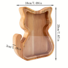 Wooden Coin Storage Jar Love Heart Kitten Gift Savings Wood Crafts Ornaments