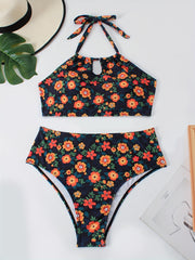 Floral Print Backless Halter Bikini Set