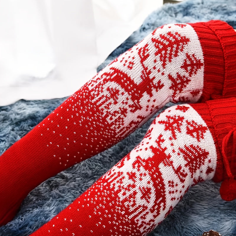 Christmas Elk Thigh High Socks - Pompom Decor - Women's Stockings